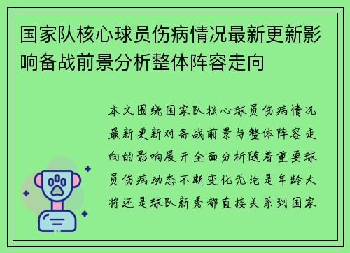 国家队核心球员伤病情况最新更新影响备战前景分析整体阵容走向